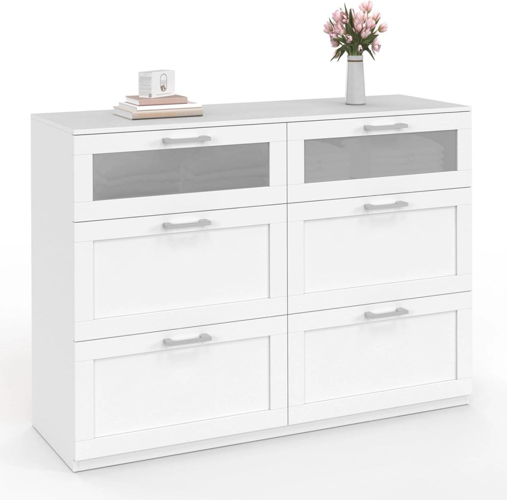 Cassettiera a 6 cassetti VITO 110 cm, legno bianco ed effetto smerigliato
