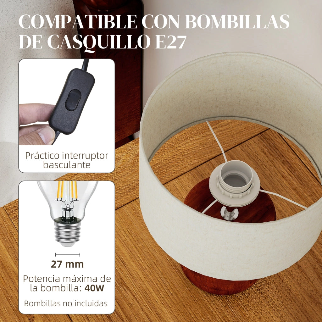 Lampada da tavolo rustica con base in legno e paralume in lino ¨C zephmum ¨C Marrone