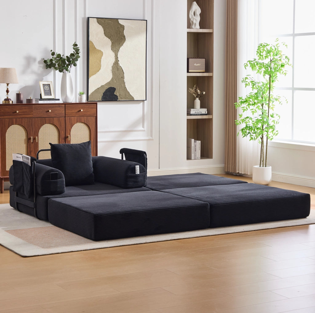 Pouf poggiapiedi in velluto a coste nero; convertibile in letto singolo; 109 x 95 x 43 cm