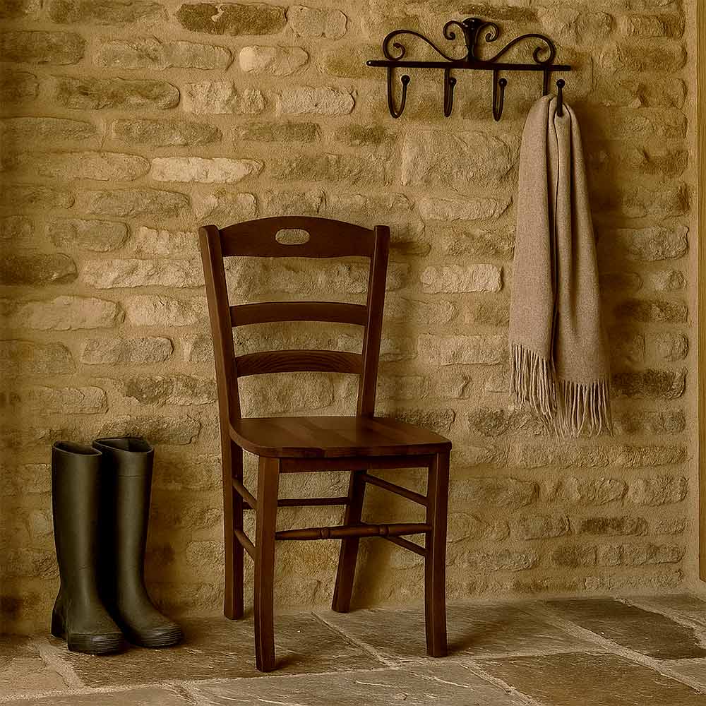 Sedia da sala da pranzo cucina Loris in legno noce scuro con seduta in massello