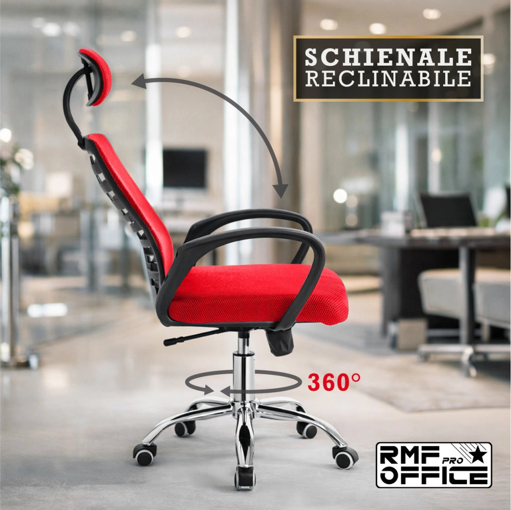 RMF Sedia Ufficio Ergonomica Professionale Reclinabile, Sedia Scrivania in Rete con Seduta Comoda e Rilassante - Poltrona Relax Ufficio con Ruote Girevoli Altezza Regolabile ROSSA