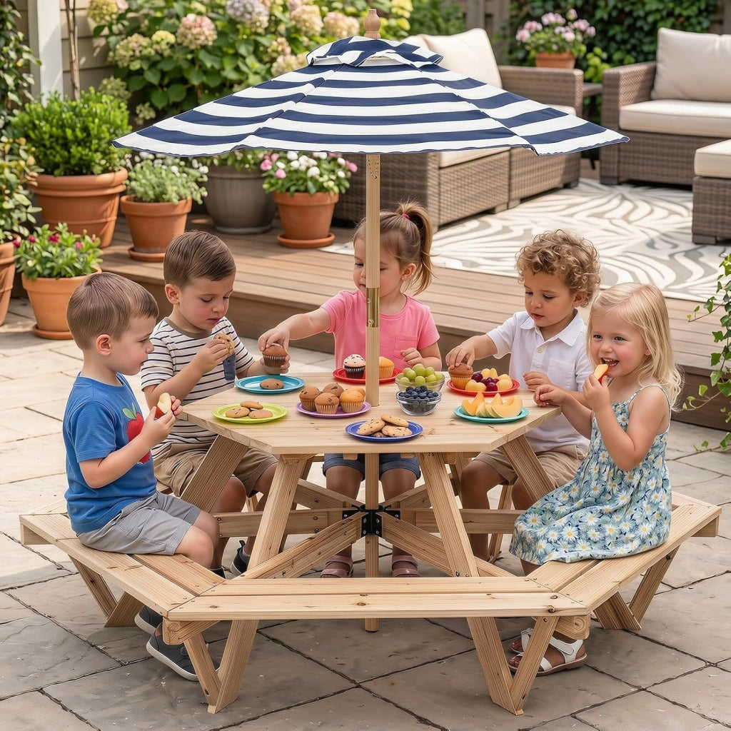 Tavolo Esagonale da Picnic per Bambini 3+ Anni con 6 Panche | Tavolino in Legno Massello con Ombrellone Rimovibile e Regolabile per Giardino, Balcone e Cameretta