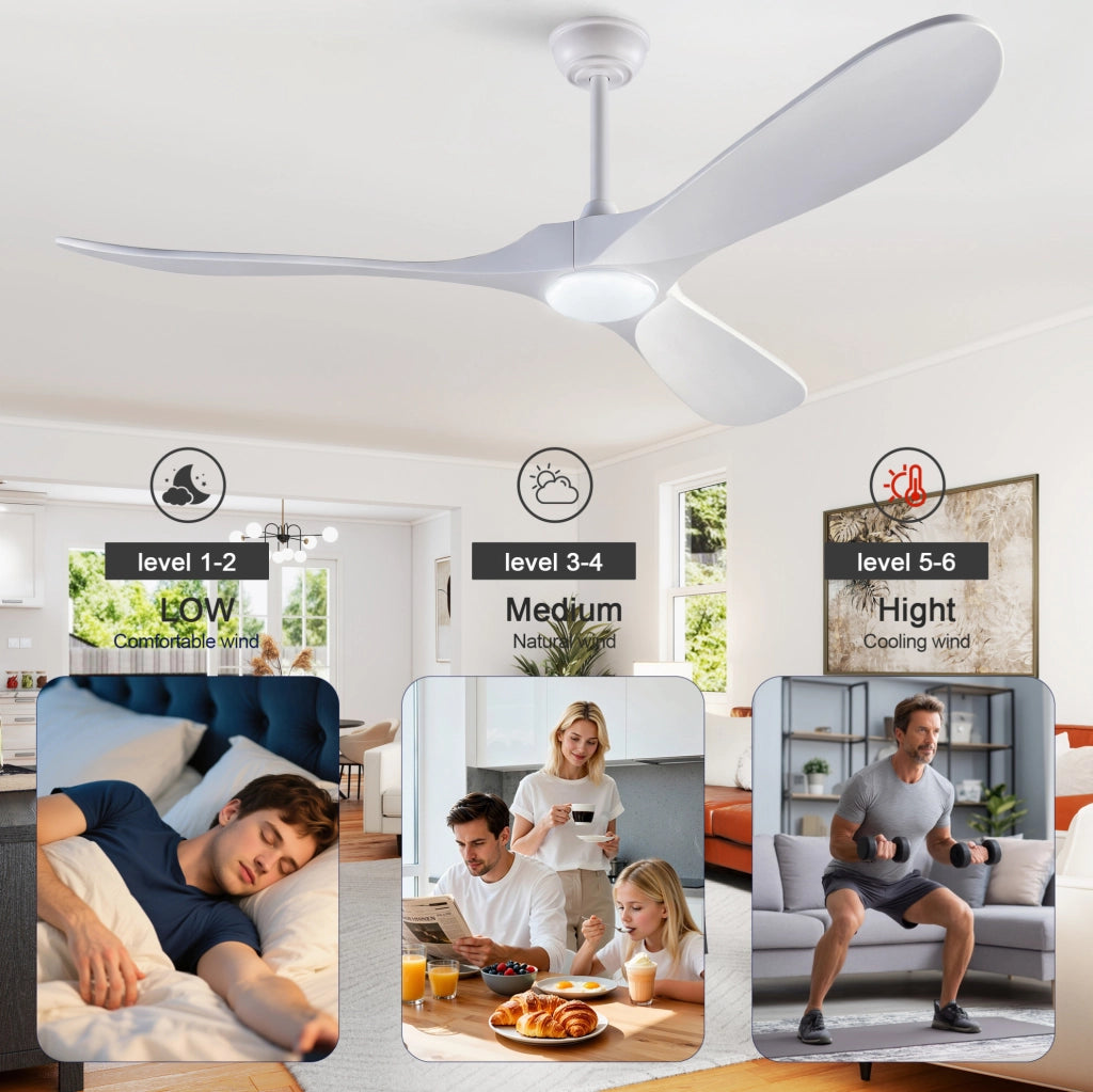 Ventilatore da soffitto 60 pollici con luce LED; telecomando; 3 pale in legno massello; bianco
