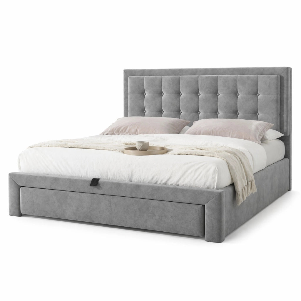Letto matrimoniale imbottito 140x190 cm in velluto grigio con contenitore e testiera regolabile