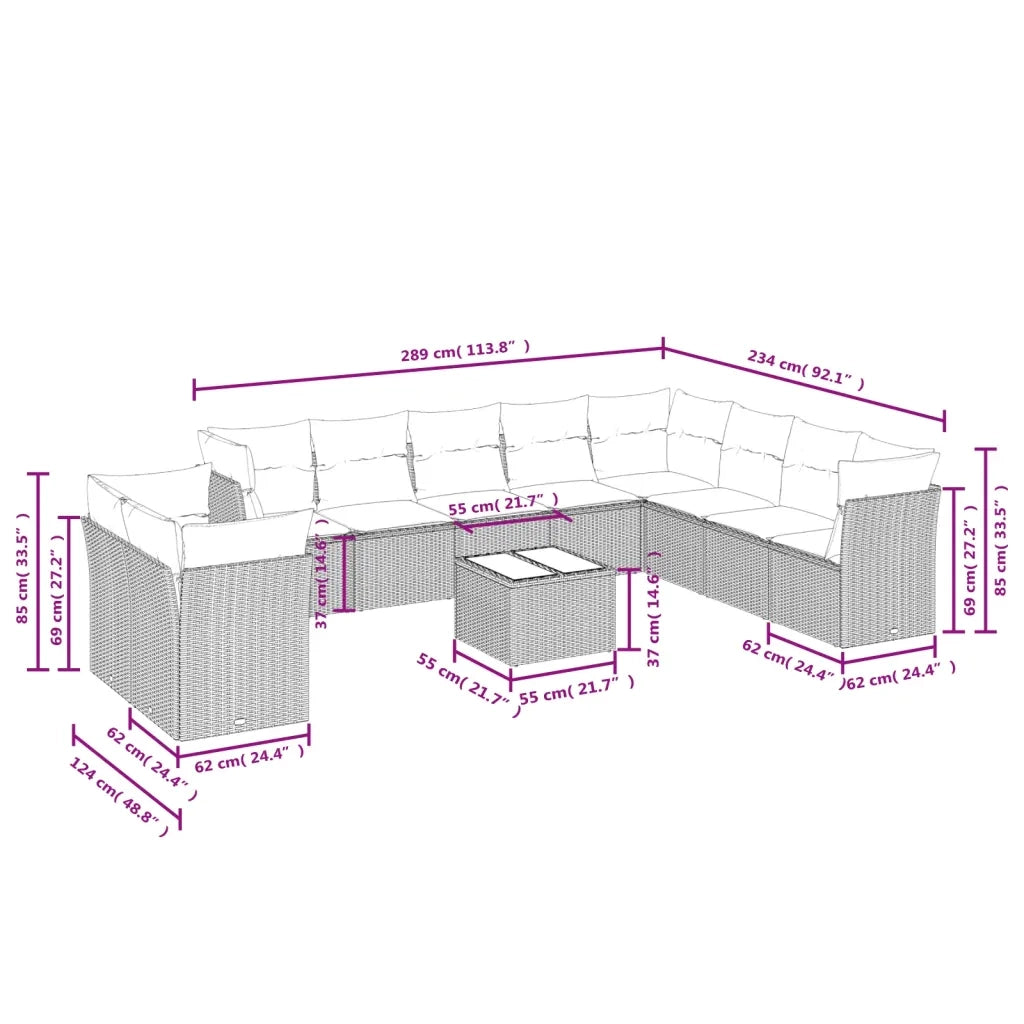 Set Divani da Giardino 11 pz con Cuscini in Polyrattan Grigio