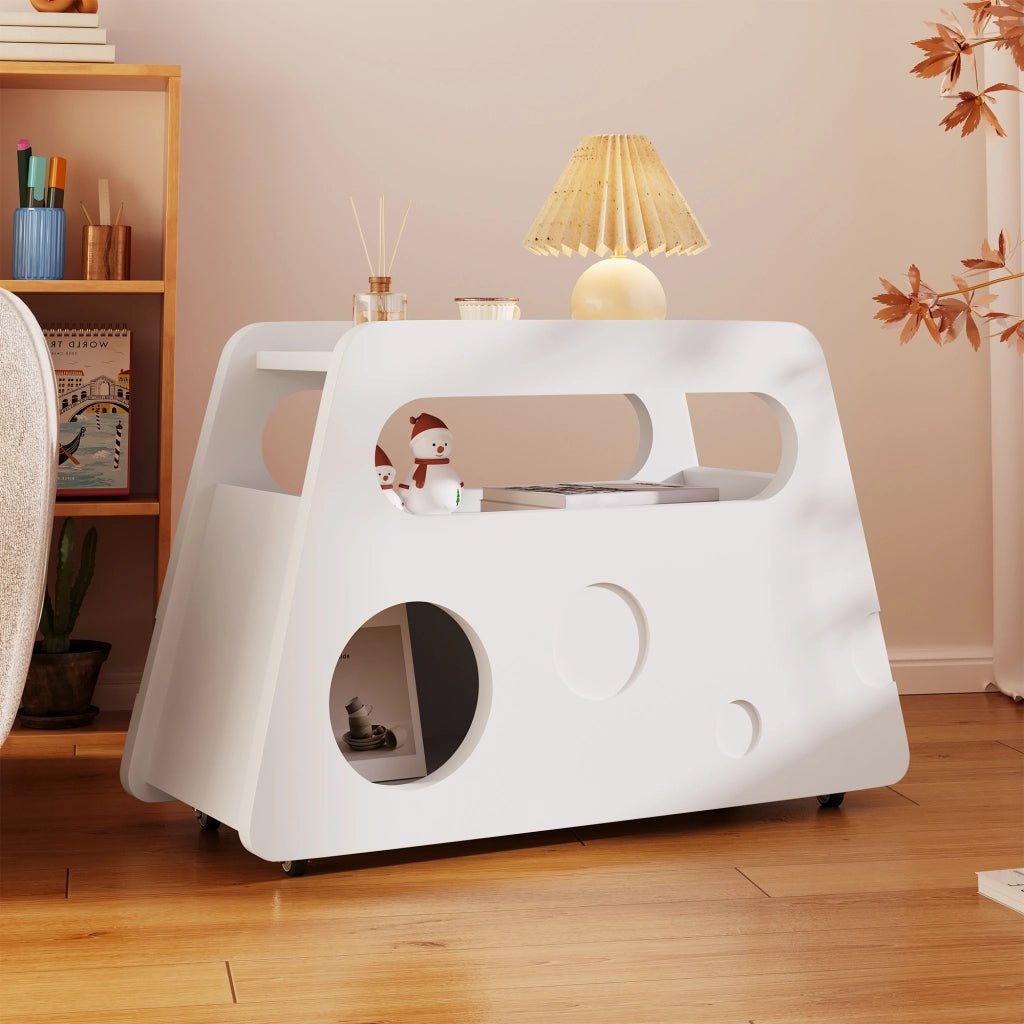 OKWISH Comodino con Ruote e Aperture Laterali, Angoli Arrotondati, per Camera da Letto, MDF, Bianco, 81 x 33 x 51.5 cm