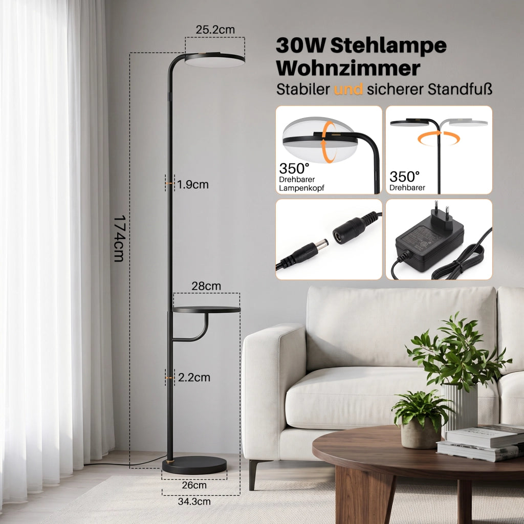 ZMH Lampada da Terra LED 30W 174cm Nera con Telecomando per Soggiorno