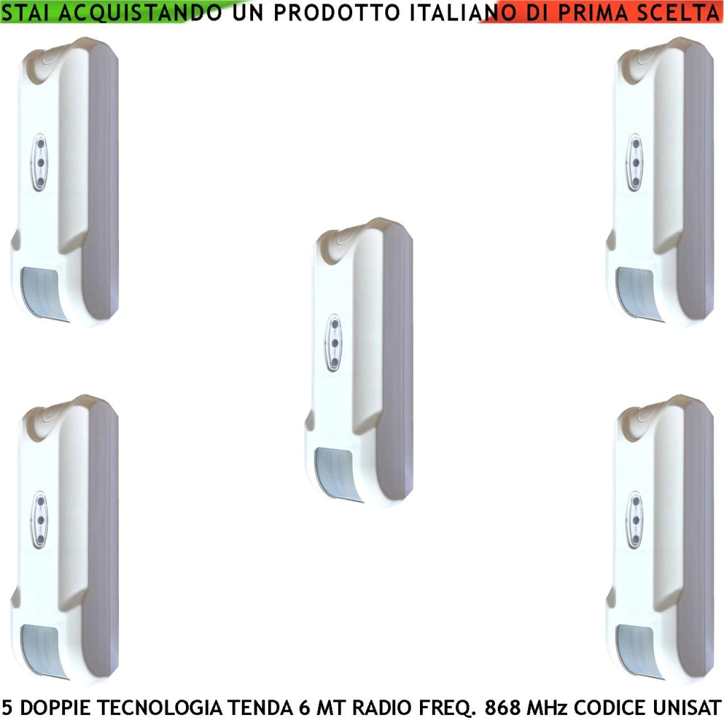 Rilevatore Movimento Balcone Doppia Tecnologia Tenda 5 Pezzi Copertura 6 Metri Frontali Prof. 1,8 MT Via Radio Fr. 868 MHz look down Bidirezionale Codice UNISAT