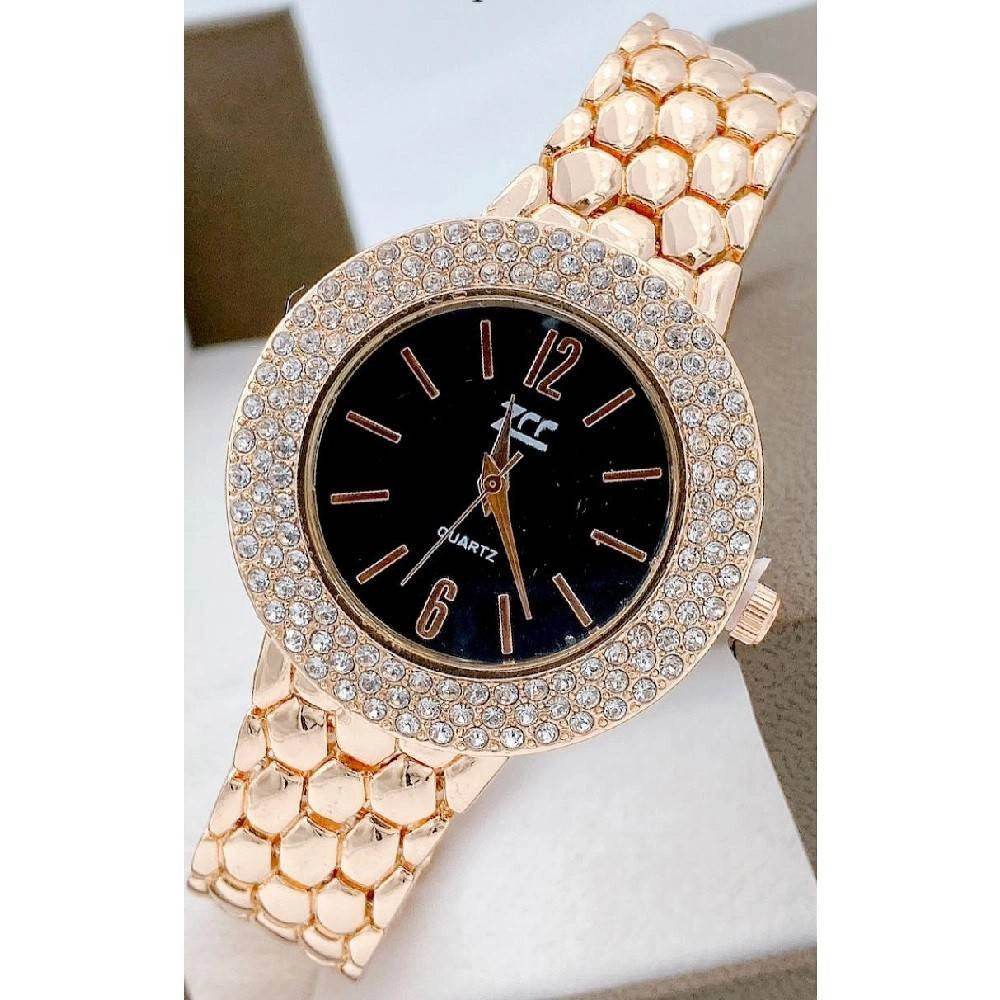 Trade Shop - Orologio Da Polso Zcc Donna Quarzo Acciaio Moda Brillantini Analogico Rosa Nero -