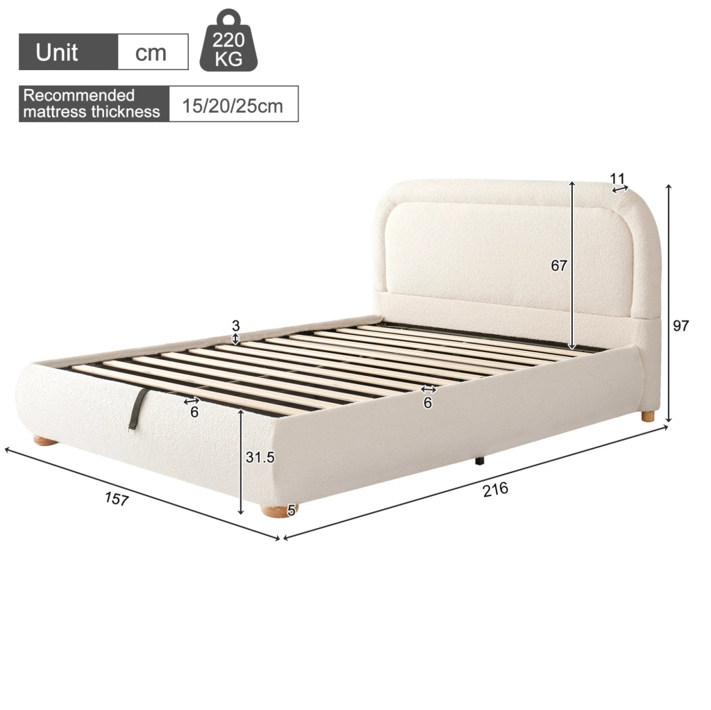 Letto matrimoniale imbottito con contenitore idraulico e rete 140x200 cm beige