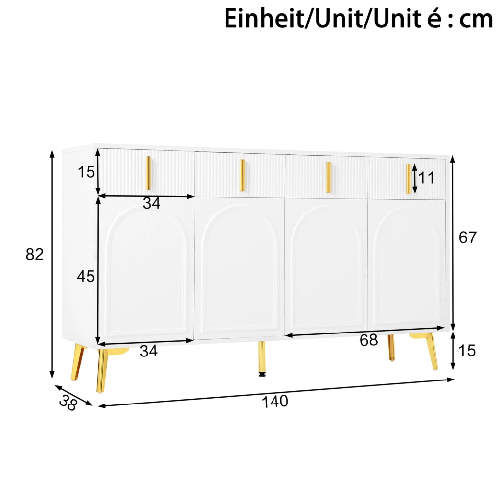 Credenza 140x38x82 cm in MDF bianco con 4 ante; 4 cassetti e dettagli oro