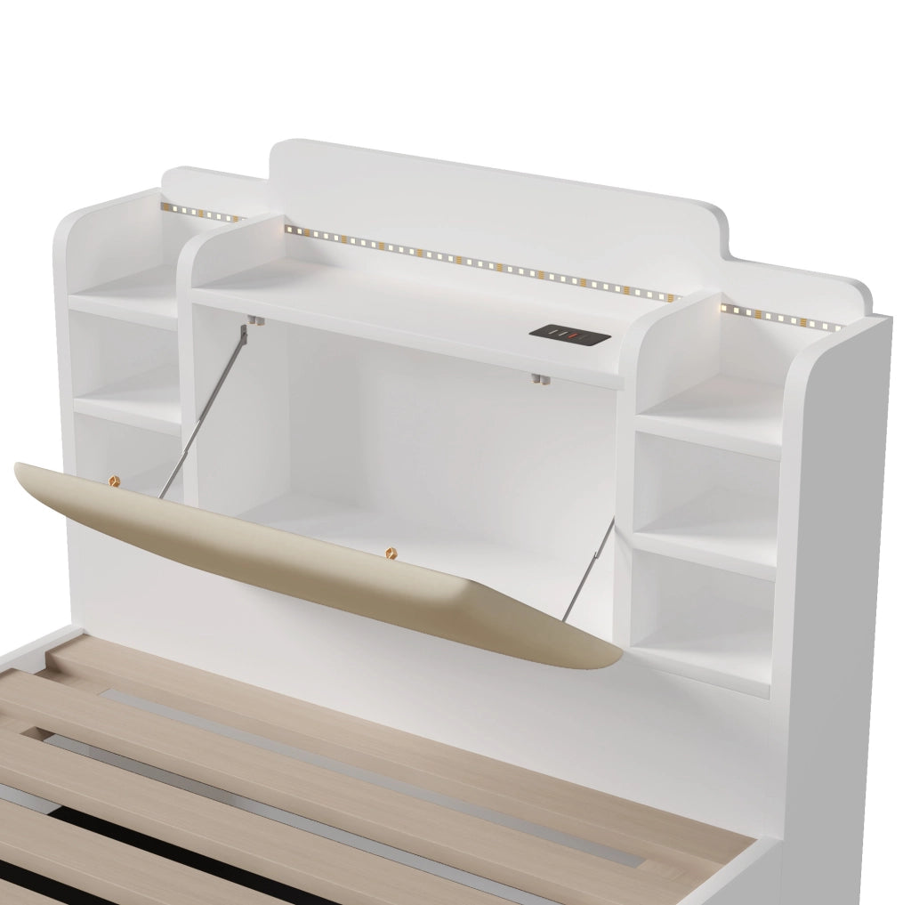 Letto 90 x 200 cm con contenitore idraulico, LED, USB e Type-C bianco