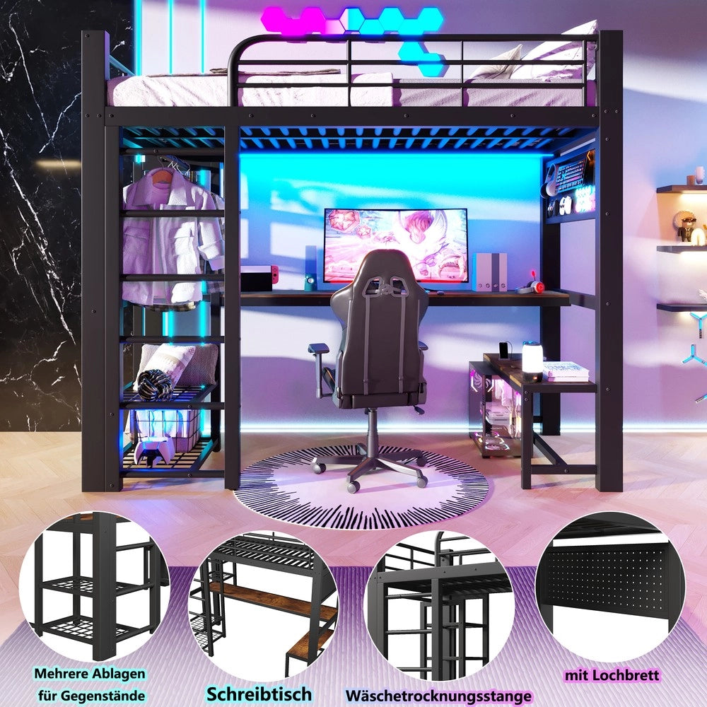 Letto a soppalco ¨C Minimal ¨C nero metallo 140x200 cm con led