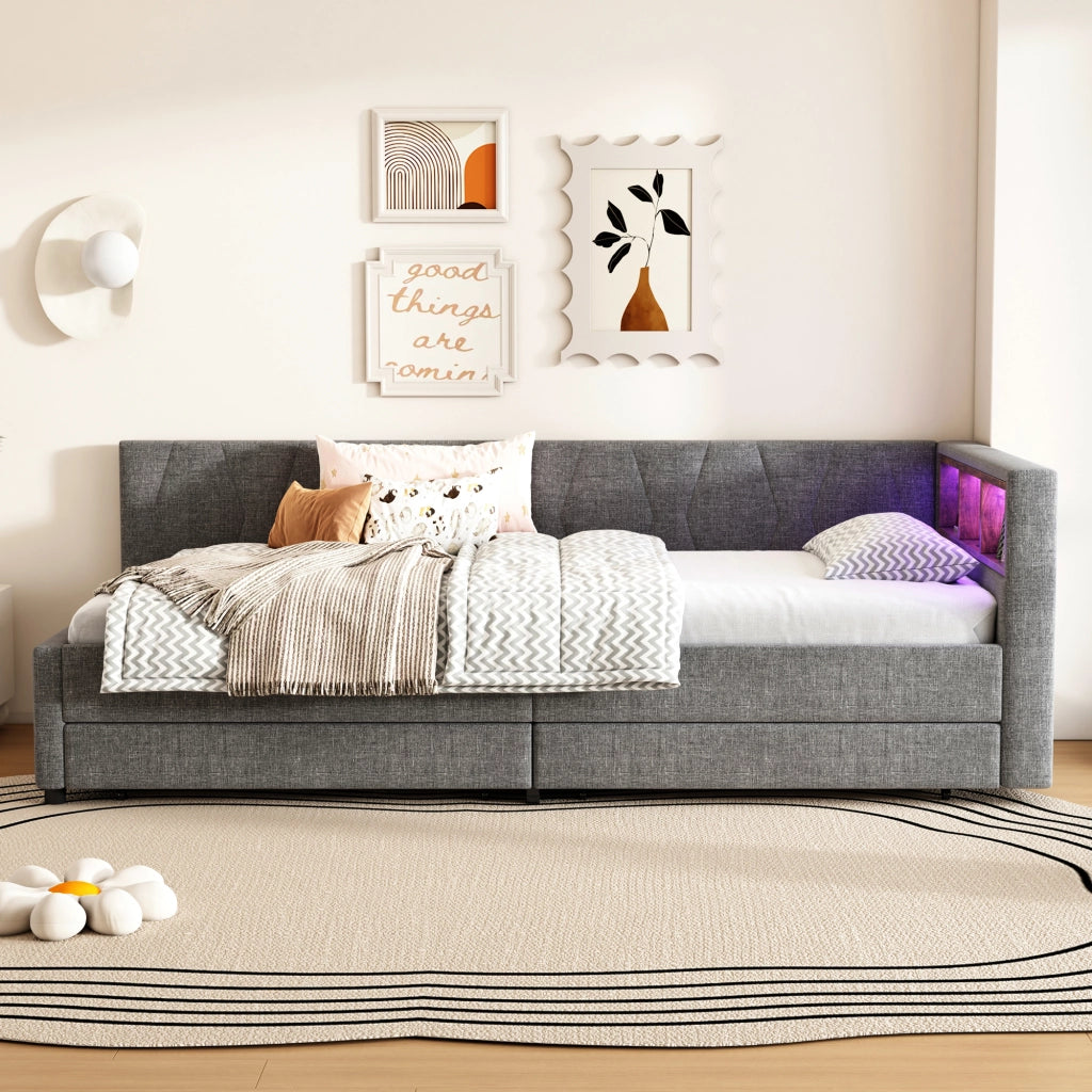 LETTO Giorno 90x200 cm Grigio in lino e MDF con USB e LED