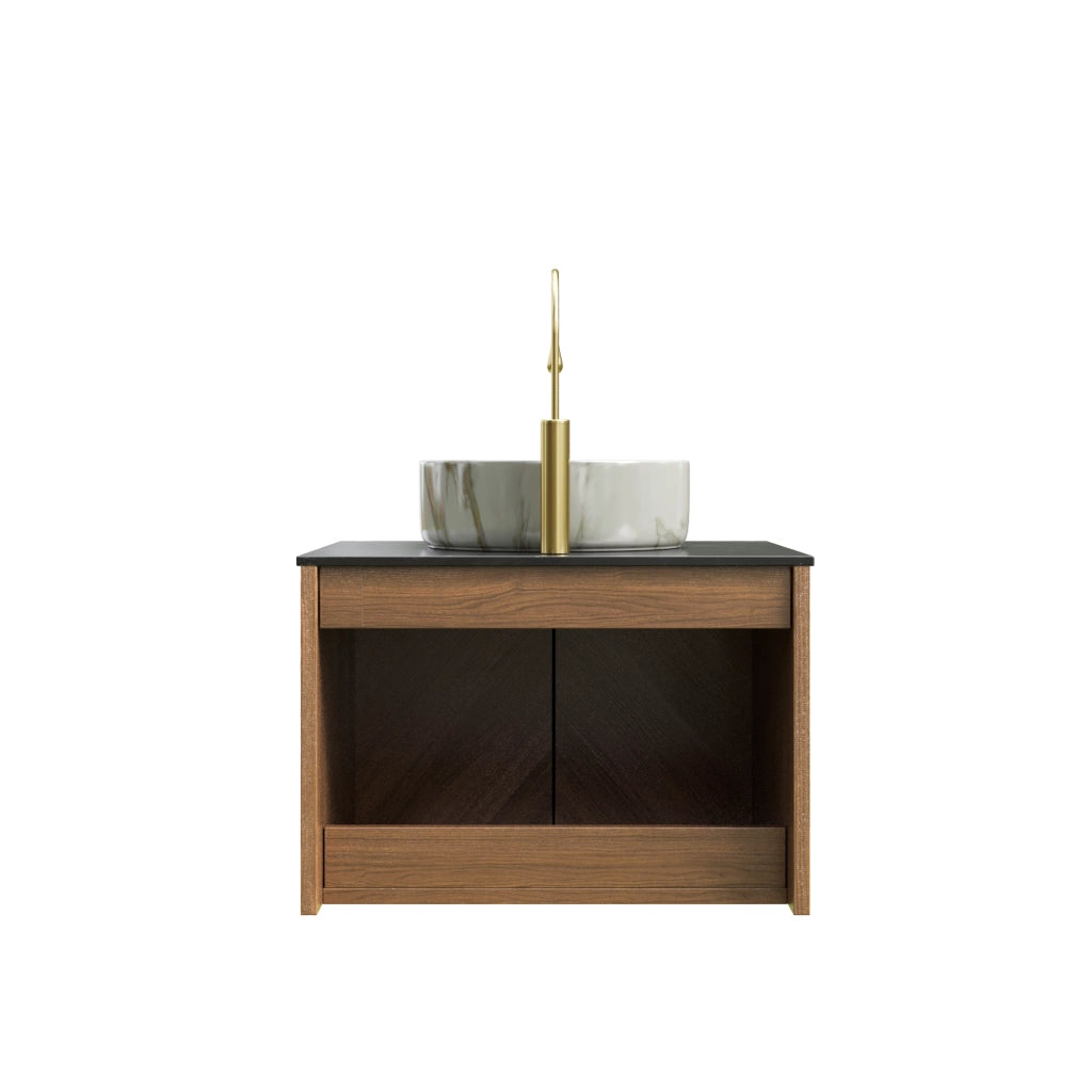 Mobile sottolavabo con 2 ante e lavabo in ceramica, piano in pietra sinterizzata, effetto rovere, per bagno, 61 cm