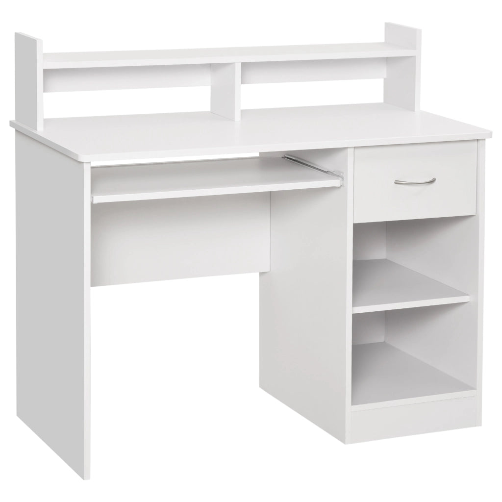 Scrivania per Computer Compatta in Legno Bianco con Ripiano Tastiera e Mensole ¨C zephmum ¨C 104x48x95.5cm