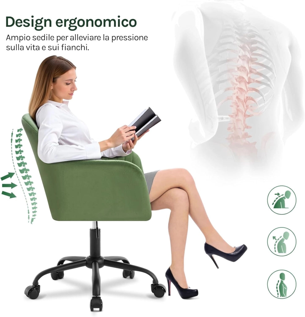 Sedia da Ufficio, Sedia da Toeletta, Poltrona Ergonomica, Ampia, in Velluto Imbottita, Regolabile in Altezza per Ufficio e Camera da Letto, Verde, BS166gn