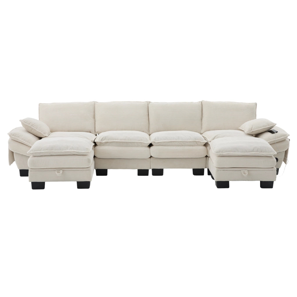 Divano 4 Posti con 2 Poggiapiedi in Tessuto a Coste ¨C MINIMAL ¨C Beige, Cuscini, Braccioli