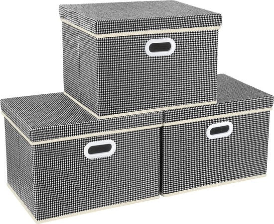 Scatole di archiviazione pieghevoli con coperchio, grandi, scatole di archiviazione per armadio, camera da bambino, cassetti con coperchio per l'organizzazione di casa e ufficio, 3 pezzi, nero