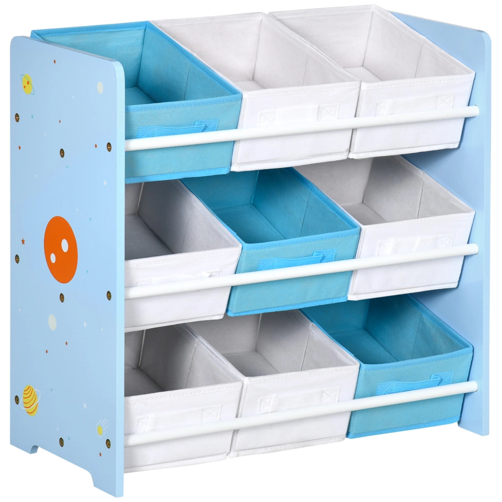 Mobiletto Portagiochi 63x30x60cm con 9 Cestini Rimovibili in MDF e Tessuto Azzurro