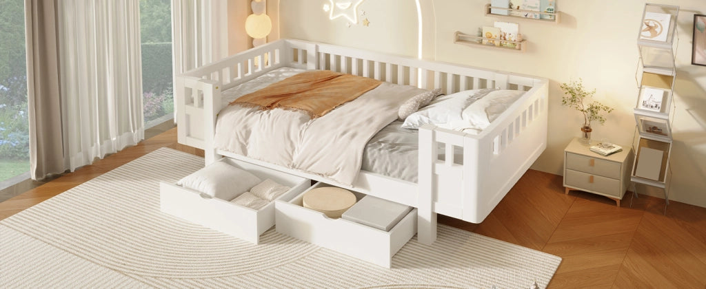 Letto a piattaforma 90 x 200 cm con sponda protettiva e due cassetti, in legno massiccio e MDF bianco per bambini