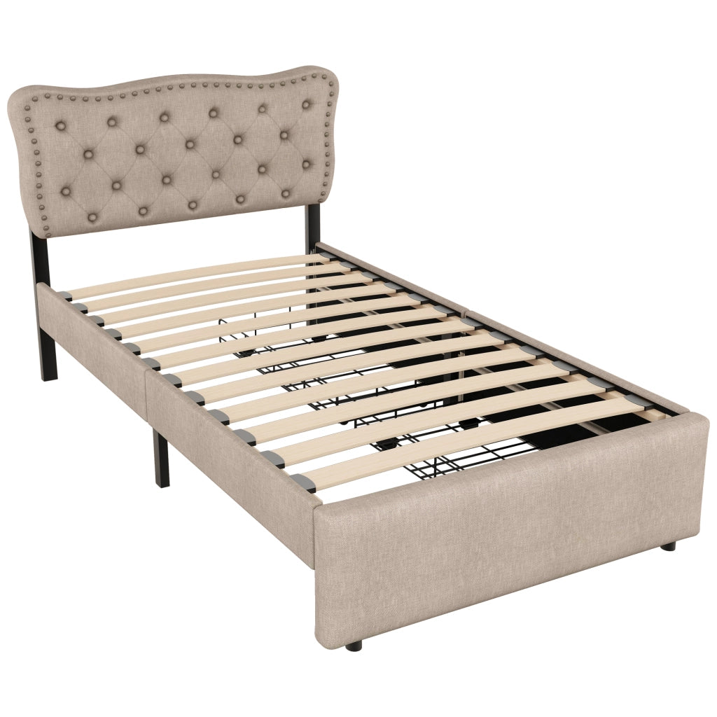 Letto con cassetti singolo; 2 cassetti e testiera regolabile 90 × 200 cm; senza materasso; beige marrone
