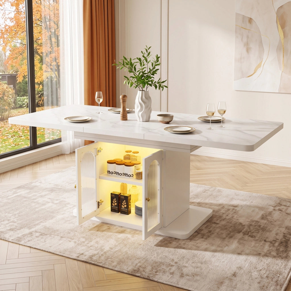 Tavolo da pranzo allungabile con vano contenitore e striscia LED in MDF bianco