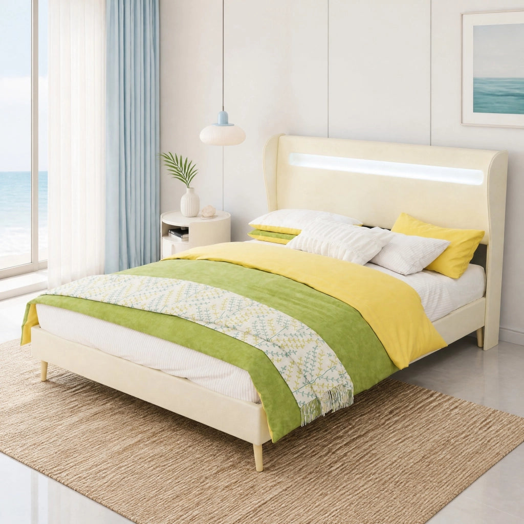 Letto imbottito con LED regolabile 140 x 200 cm in tessuto e metallo beige