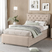 Letto con cassetti singolo; 2 cassetti e testiera regolabile 90 × 200 cm; senza materasso; beige marrone