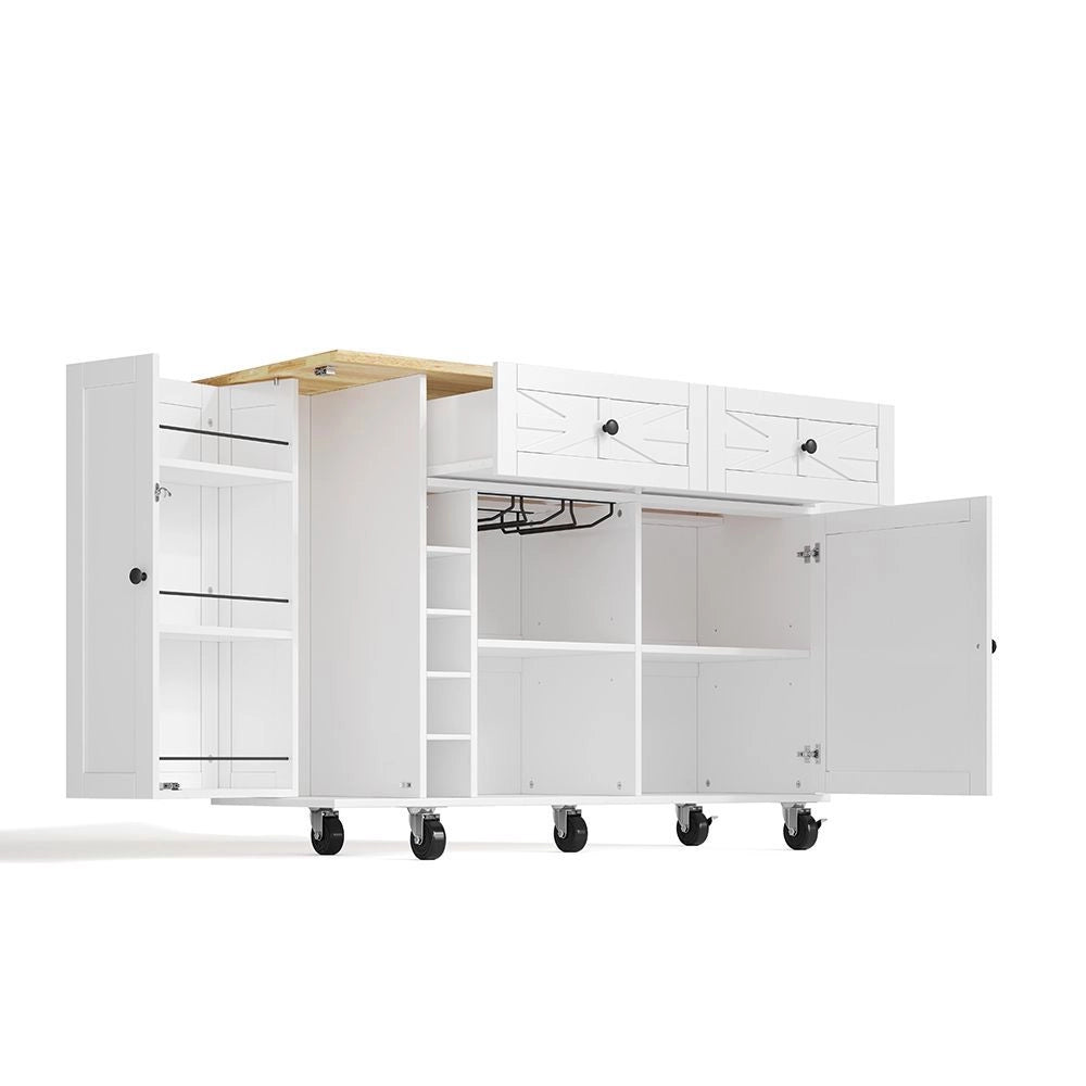 Isola da cucina con piano ribaltabile - Xylo - 120 x 45(70) x 89 cm - Bianco - 5 ruote bloccabili, scaffale porta, portabottiglie e portabicchieri