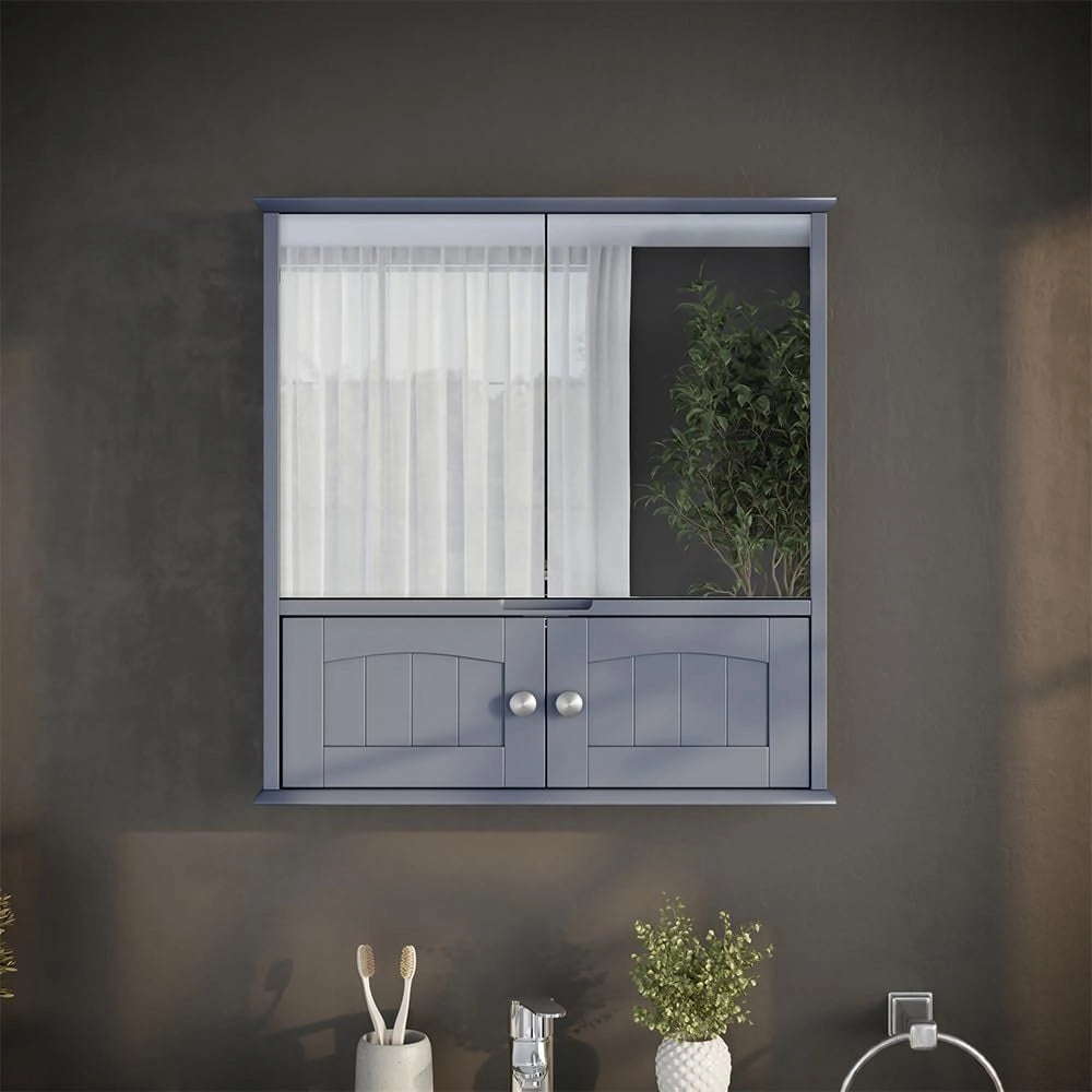 Specchio contenitore bagno Bianco, Grigio, 56 x 58 cm, per montaggio a parete con ripiano interno regolabile in altezza