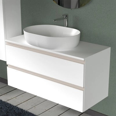 Mobile bagno sospeso 100 cm bianco opaco con top e specchio tondo Master