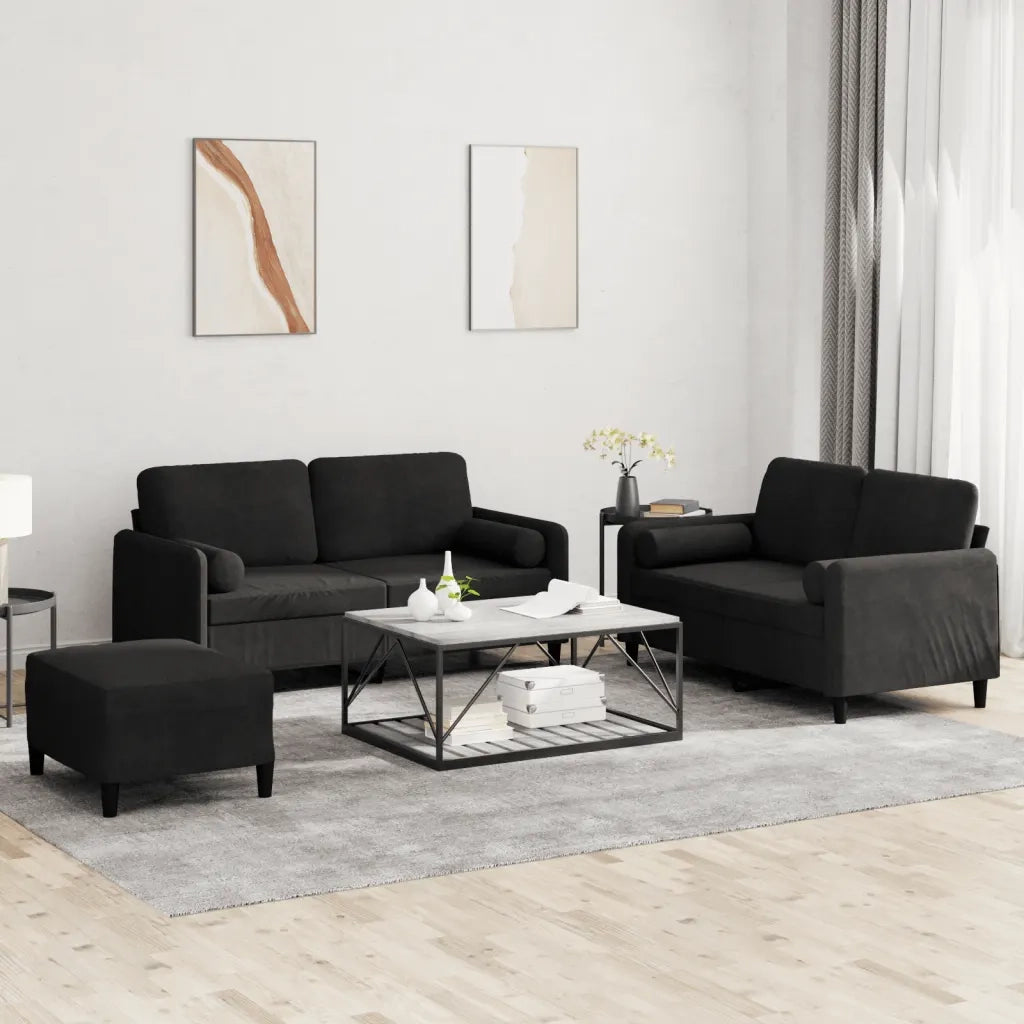 Set di Divani 3 pz con Cuscini Nero in Velluto