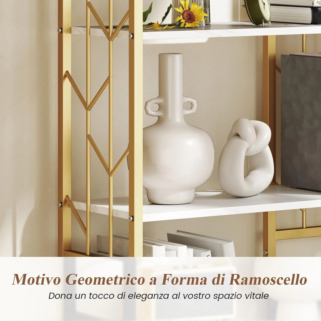 Libreria a 6 Ripiani, Libreria Geometrica Moderna con Telaio in Metallo, Scaffale da Terra con 2 Kit Antiribaltamento per Soggiorno Camera da Letto Studio, 80x31x180 cm (Bianco)