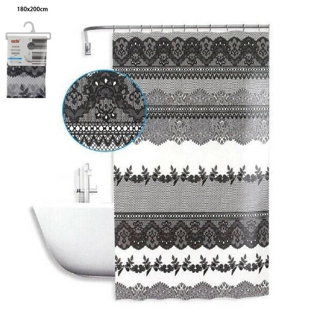 Trade Shop - Tenda Doccia Antimuffa Impermeabile 180x200 Cm Con Anelli Bagno Pizzo Nero 59521 -