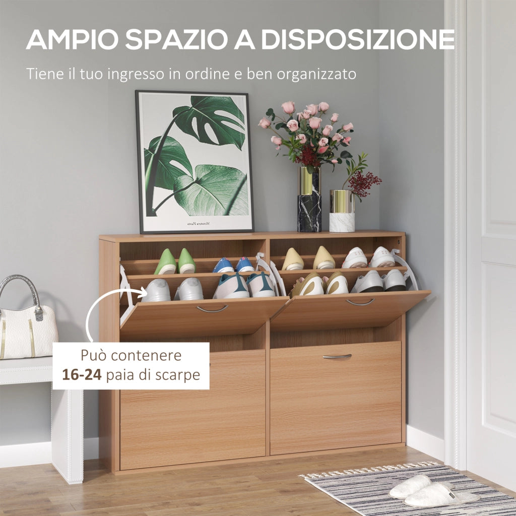 EasyComfort Scarpiera Ingresso Salvaspazio Slim con 4 Ante a Ribalte, Mobile Scarpiera Moderna per 24 Paia di Scarpe con Ripiani Regolabili, Portascarpe in Legno, 120x24x81cm, Color Legno