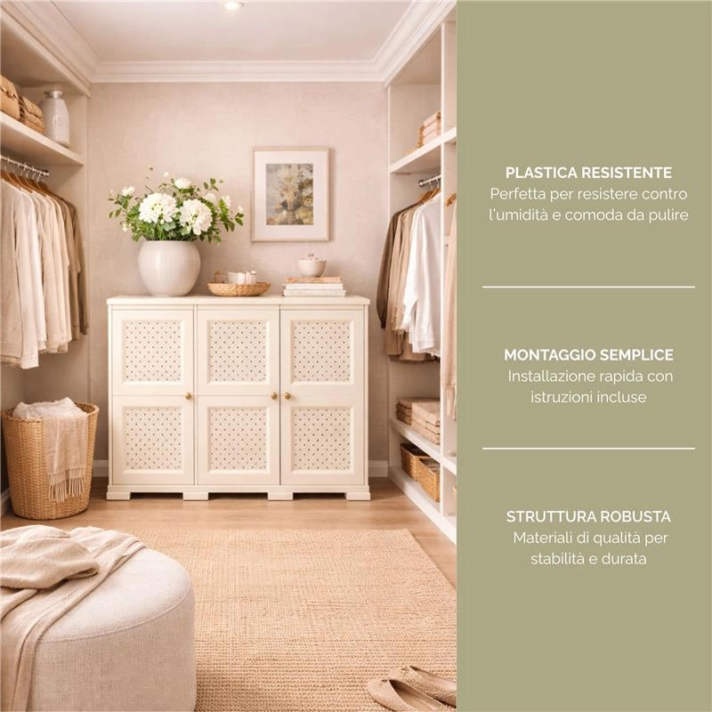ARMADIO 3 ANTE ANGORA 118X43X85,5 CM CON PUNTALI E ANTE TRAFORATE – MOBILE COMPATTO DECORATIVO PER ZONA GIORNO