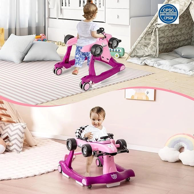 Girello per Bambini 4 in 1, Girello Pieghevole con Altezza e Velocità Regolabili, Carillon con Luci, Volante e Sedile, Primi Passi per Bambini 6-18 Mesi, Portata 15 kg (Viola)