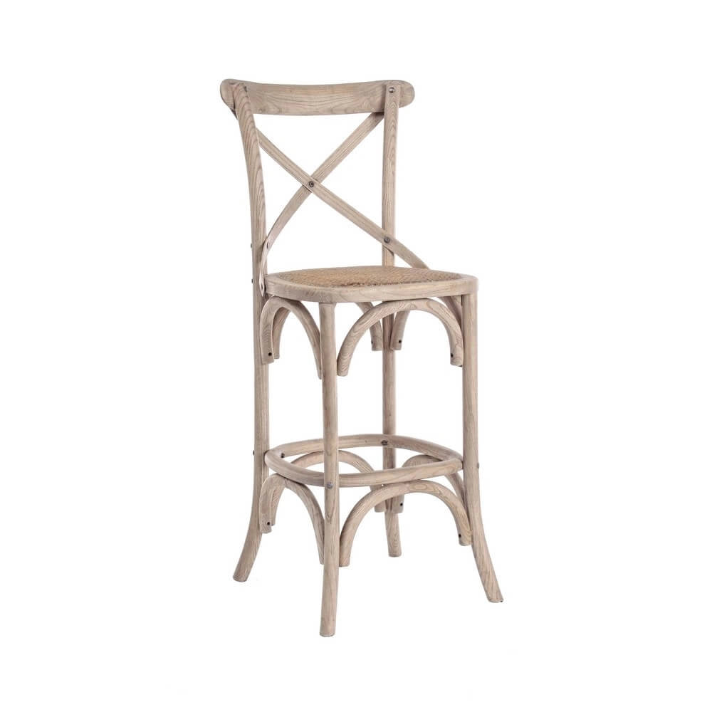 Sgabello da bar in legno di olmo con seduta in rattan naturale - CROSS
