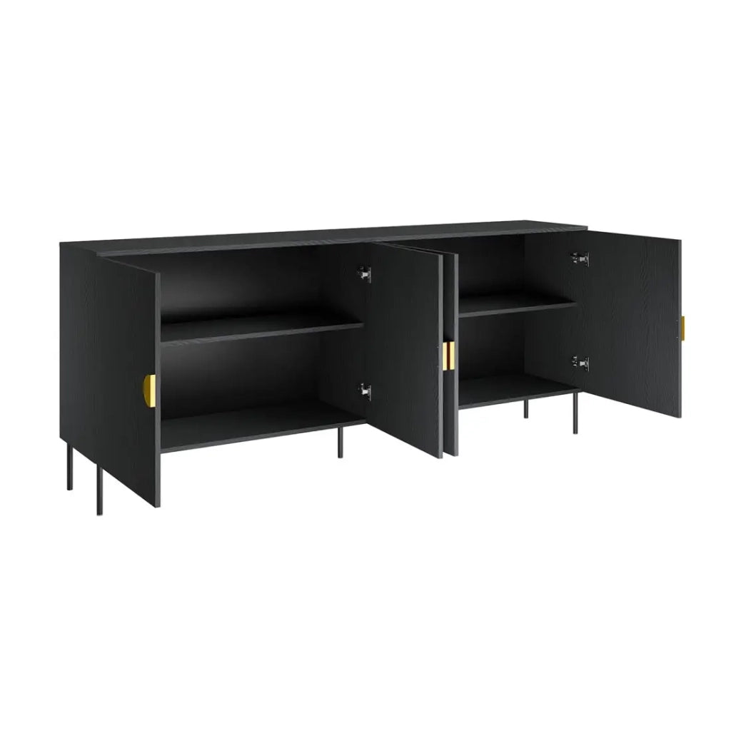 Buffet 4 porte MONDO – Nero opaco, piedi in metallo e maniglie dorate – Design moderno