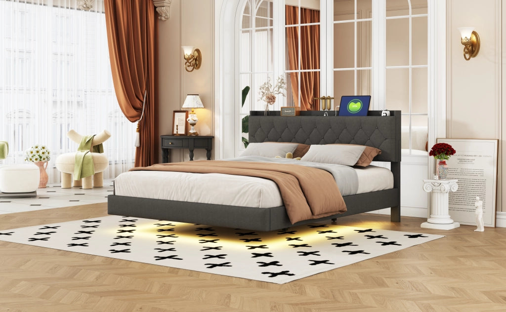 DESMIU Letto Matrimoniale 160 × 200 cm con USB, luce LED multicolore, contenitore, senza materasso, in tessuto grigio