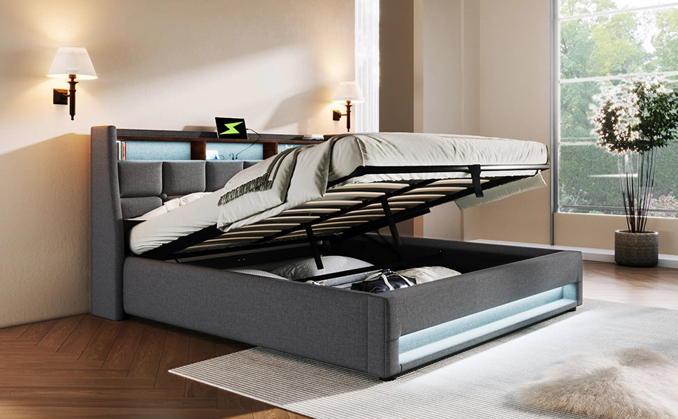 DESMIU Letto contenitore 140 × 200 cm 2 posti con USB, LED, vano contenitore, materasso incluso, in lino grigio