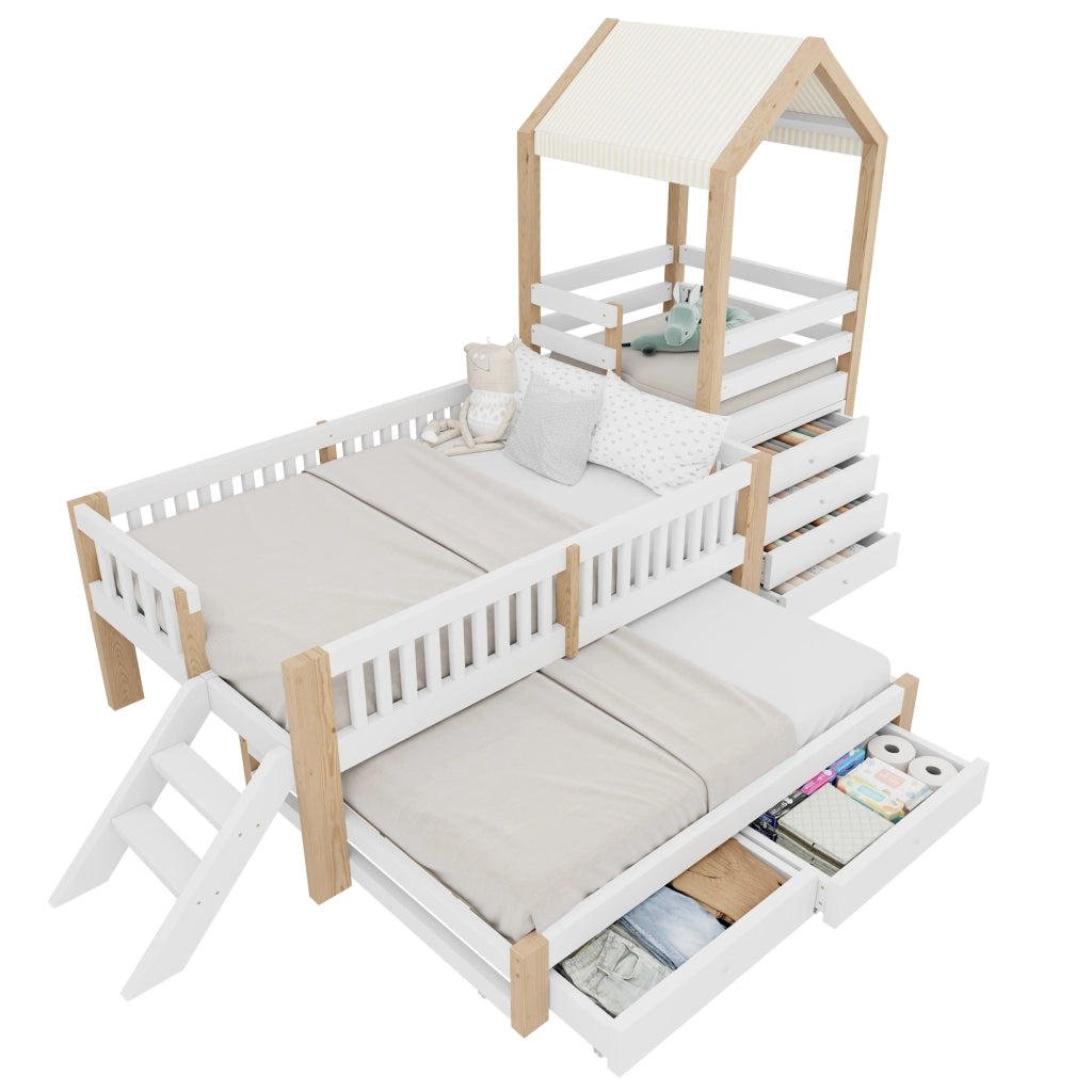 Letto per bambini 90×200 cm e 90×190 cm con letto estraibile; cassetti e scala laterale; senza materasso; bianco e naturale