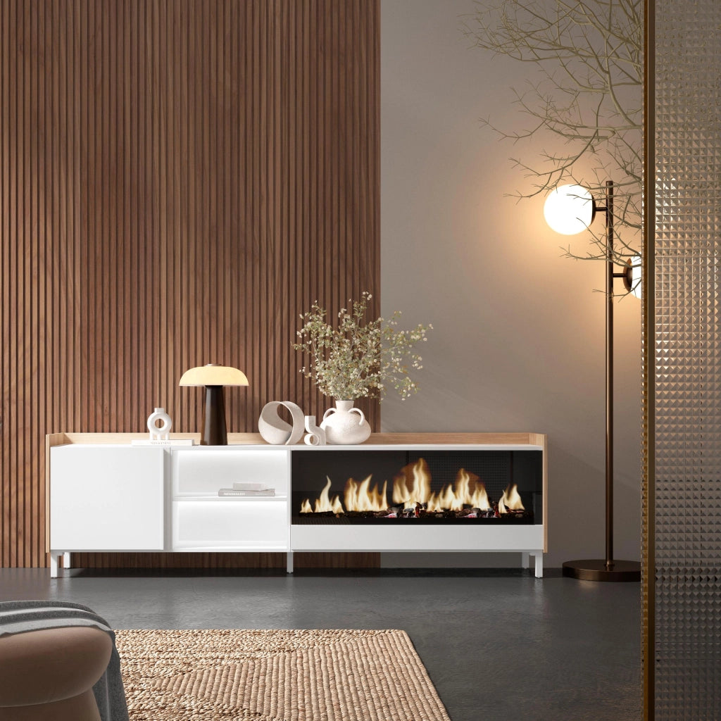Mobile TV Soggiorno, 212x61x35 cm, Per TV fino a 80", Camino elettrico XXL, Design industriale, LED, Bianco e Rovere soft