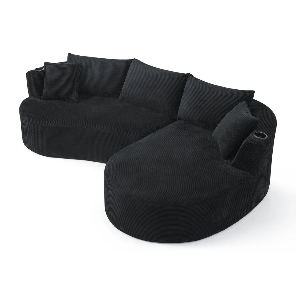 Divano Angolare 3 Posti con Chaise Longue, Velluto a Coste, Cuscini e Portabicchieri ¨C Xylo ¨C Nero