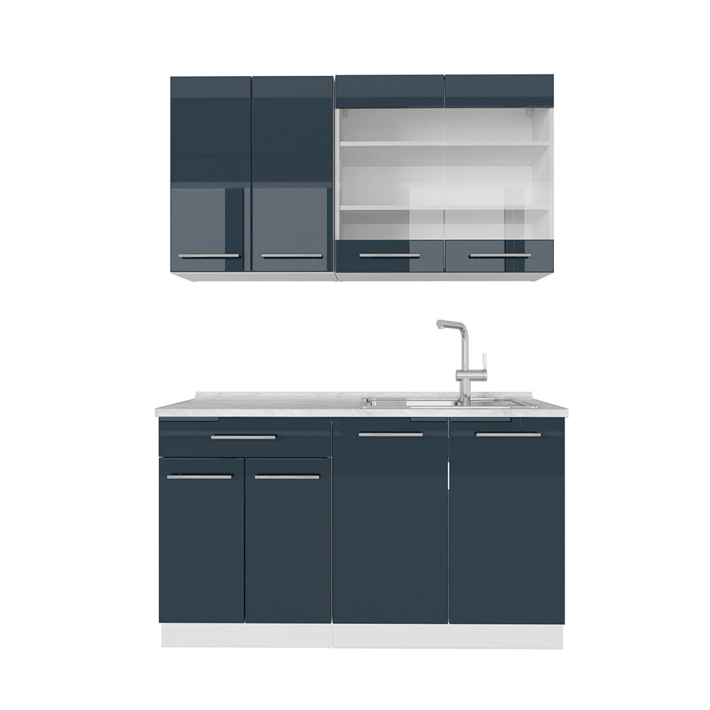 Cucina singola Fame-Line Blu scuro lucido/Bianco 140 cm senza piano di lavoro Vicco
