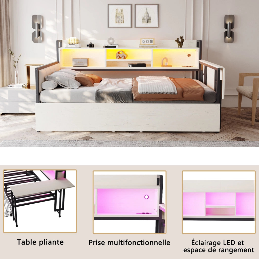 LETTO Multifunzionale 90x200 cm Metallo Bianco con Scrivania e Cassetti