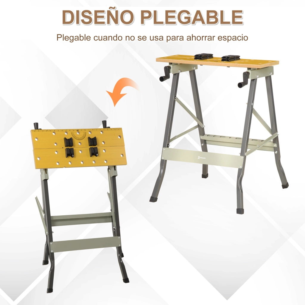 Banco da Lavoro Pieghevole 4 in 1 ¨C Xylo ¨C con 4 Morsetti e 2 Manovelle 62,5x60,5x78,5 cm Naturale e Grigio