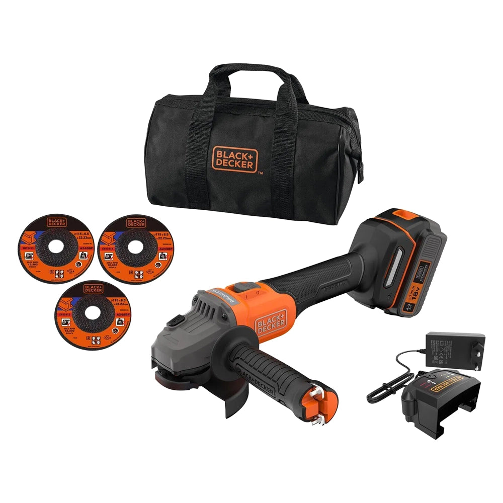 SMERIGLIATRICE ANGOLARE A BATTERIA 'BCG6L8F1S-QW' 18V 4 Ah Litio - 115 mm  - BLACK DECKER