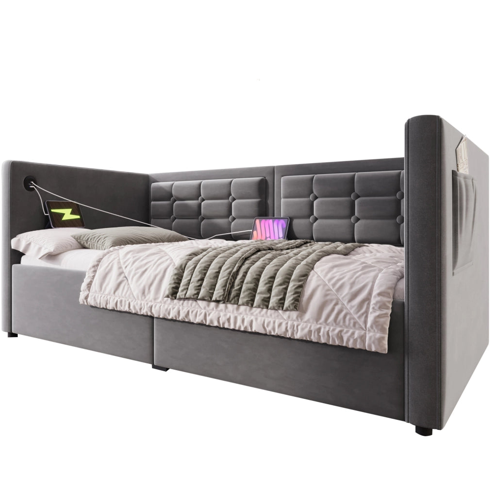 Divano letto con contenitore idraulico 90x200 cm in velluto grigio; con porta USB e Type-C
